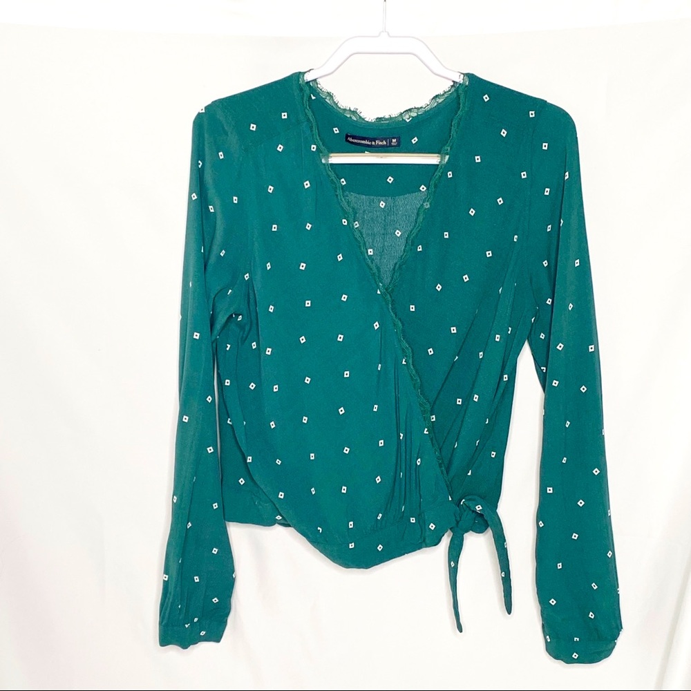 Abercrombie and Fitch Faux Wrap Top with lace trim in green, Size M